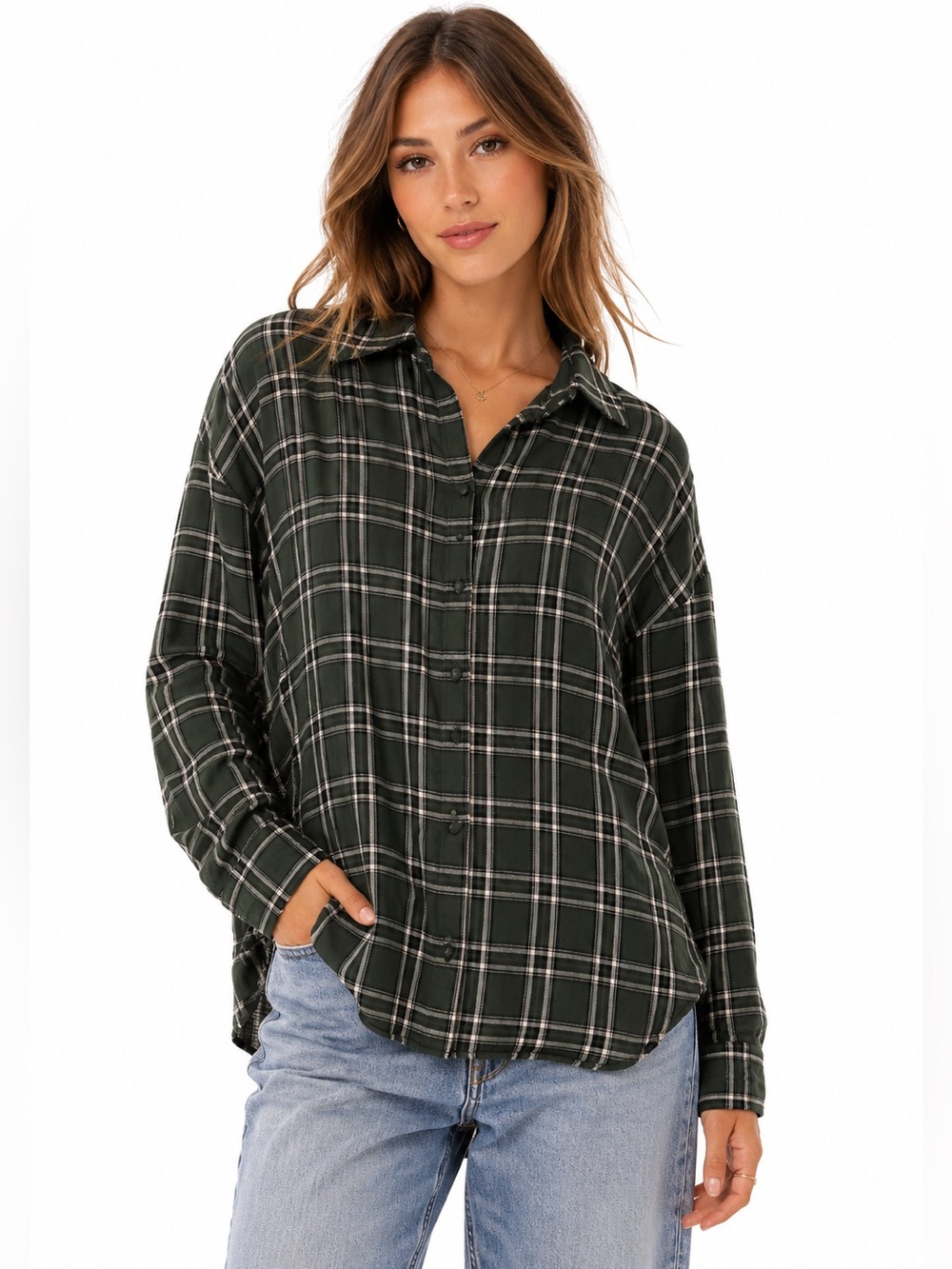 Princess Polly Green Plaid Oversized Button Up Shirt Size XL